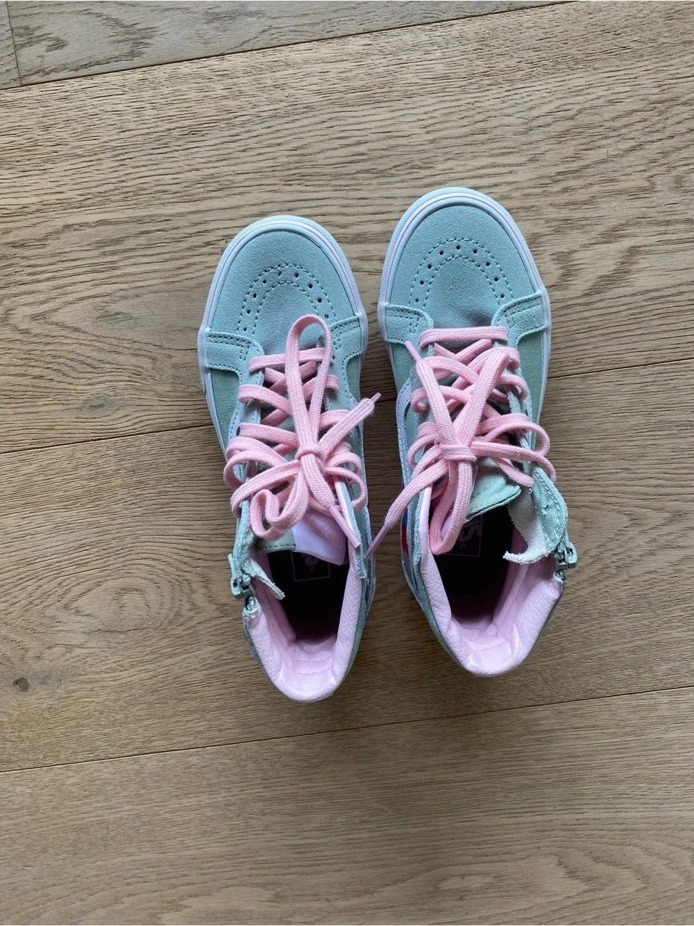 New! Vans Kids Mint Green High-Top Sneakers with Pink Laces and Floral Patches